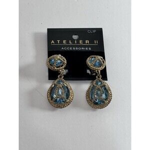 Atelier II Clip Earrings 2.5” Long Caged Aqua Blue Rhinestone Gold Tone Vtg HTF